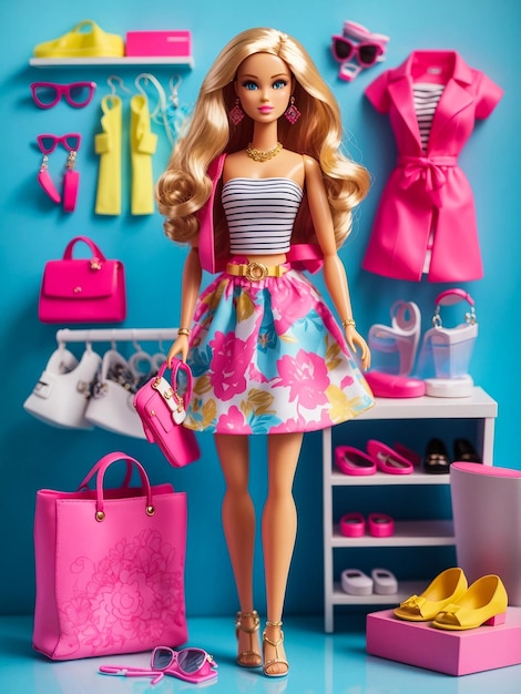 Foto la muñeca barbie es un traje de moda de verano para ir de compras.