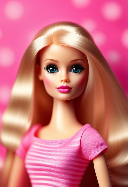 Muñeca Barbie en estilo rosa en el fondo.