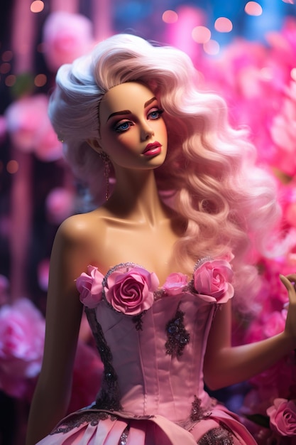 una muñeca Barbie con una flor rosa en el cabello.