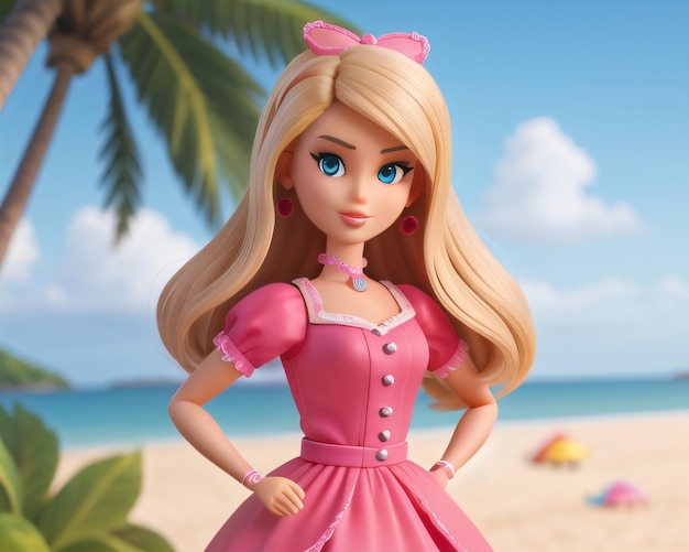 Una muñeca Barbie con un lazo rosa en el pelo está en la playa.