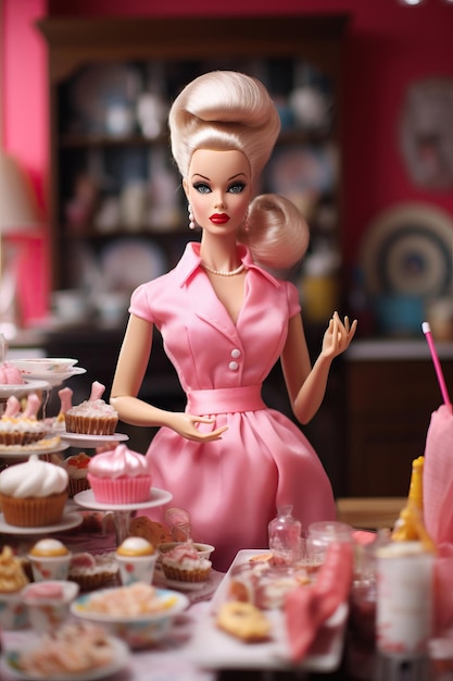 muñeca barbie con una magdalena y pastelitos