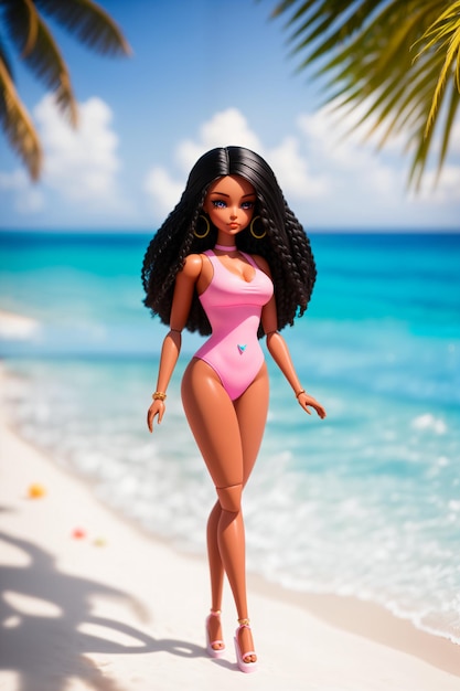 muñeca barbie de mujer negra en traje de baño en la playa