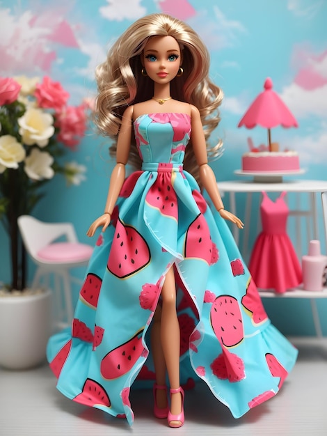 Foto muñeca barbie nuevo vestido de verano aqua y sandía