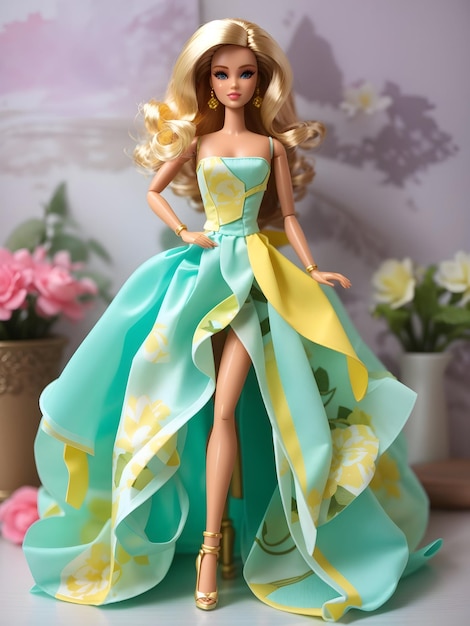 Muñeca Barbie Nuevo vestido de verano verde menta y botón de oro 5