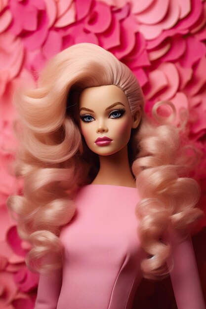 Foto una muñeca barbie con pelo rosa y pelo rosa.