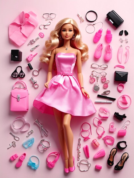 Foto muñeca barbie de plástico con accesorios a su alrededor