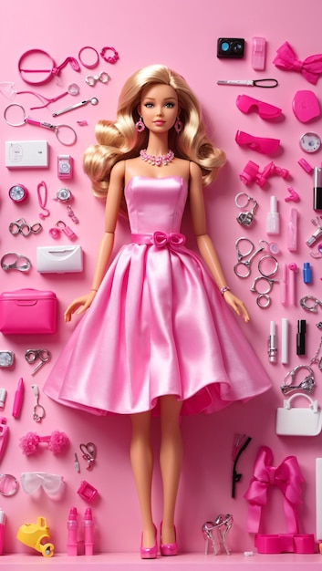 Foto muñeca barbie de plástico con accesorios a su alrededor