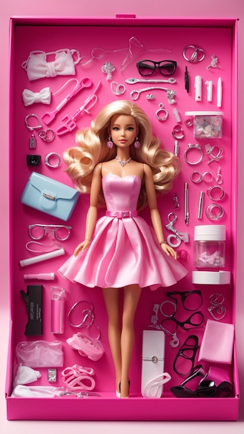 Foto muñeca barbie de plástico con accesorios a su alrededor