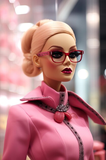 Foto muñeca barbie rosa con gafas en la tienda prada en el estilo de fotos de alta calidad de alto detalle