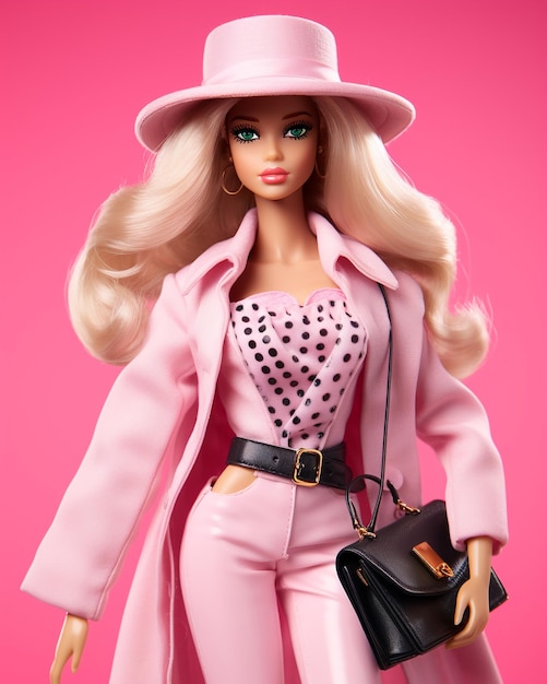 La muñeca barbie rubia de glamour con un traje de moda en un fondo rosado