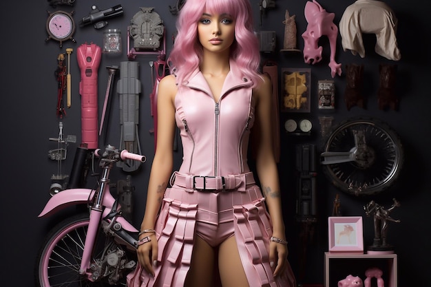 Muñeca Barbie sentada en un sofá rosa al estilo de lujosas texturas generadas por IA