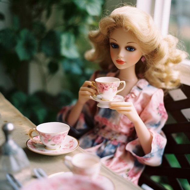 La muñeca Barbie con una taza de té