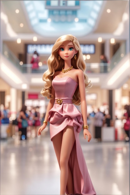 Una muñeca barbie en una tienda con la palabra película en el letrero.