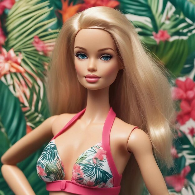 Foto la muñeca barbie en traje de baño de playa tropical