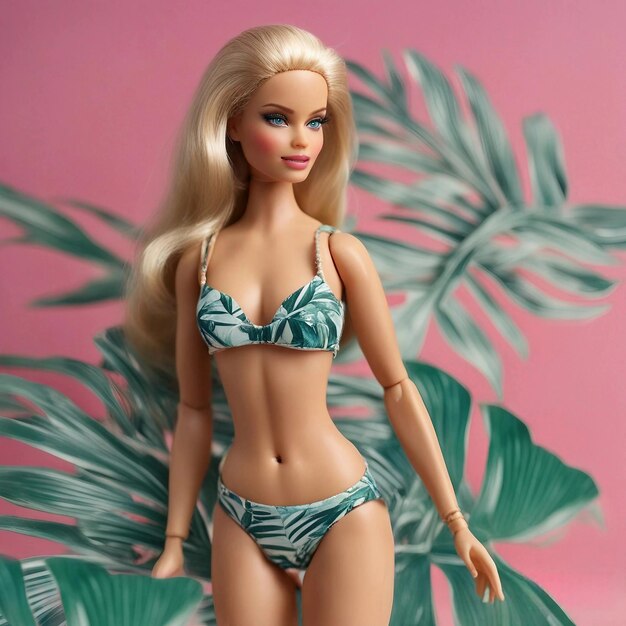 Foto la muñeca barbie en traje de baño de playa tropical