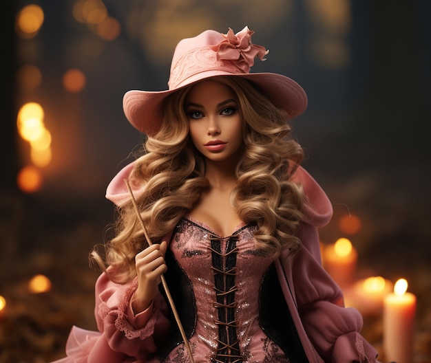 Muñeca Barbie con traje de bruja rosa Halloween