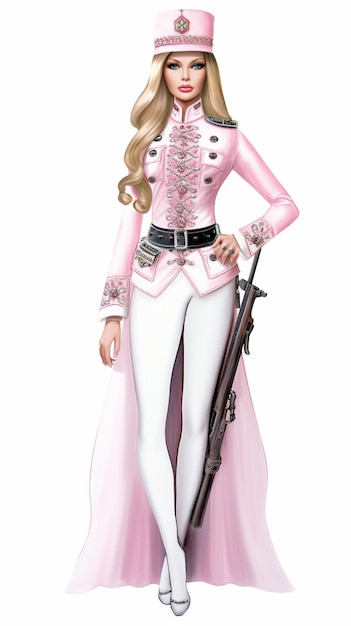 muñeca barbie vestida con uniforme rosa con pistola y capa rosa ai generativo