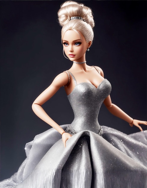 Una muñeca Barbie con un vestido plateado brillante.