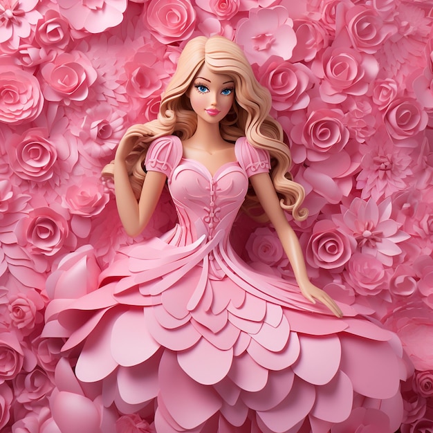 Foto muñeca barbie en vestido rosa con flores rosadas en fondo rosa generativa ai