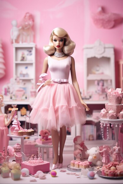 Foto una muñeca barbie con un vestido rosa y un lazo rosa.