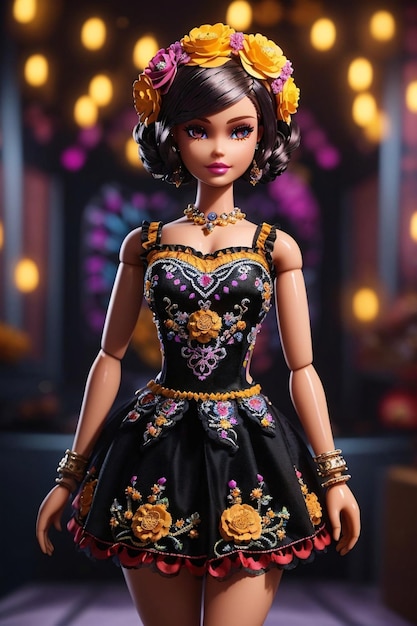 Muñeca Barbie con un vestido tradicional con volantes