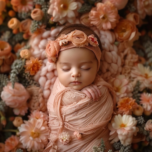 Foto una muñeca bebé con una cinta para la cabeza y flores en ella