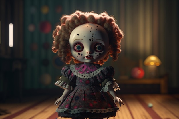 Una muñeca con cara de muñeca y cara de muñeca está de pie en una habitación con una cama y una lámpara.