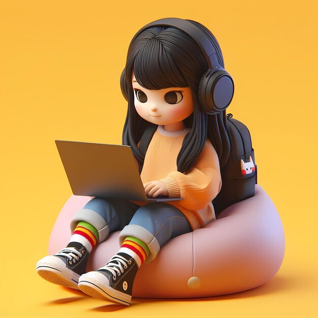 una muñeca con una computadora portátil y auriculares en ella