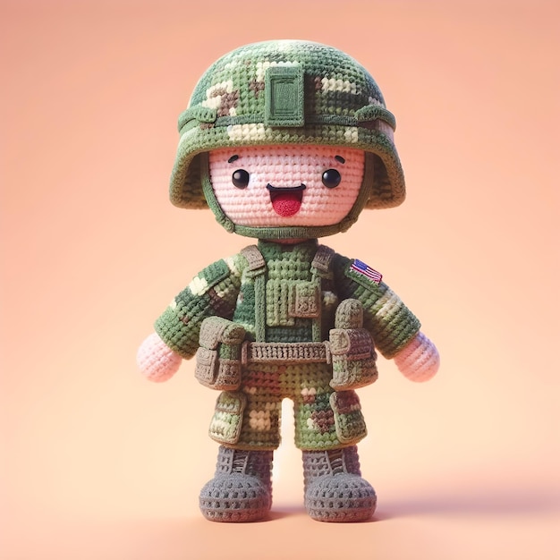 una muñeca de crochet ejército lindo emocionado gracioso sonriente con uniforme y equipo está de pie render 3d