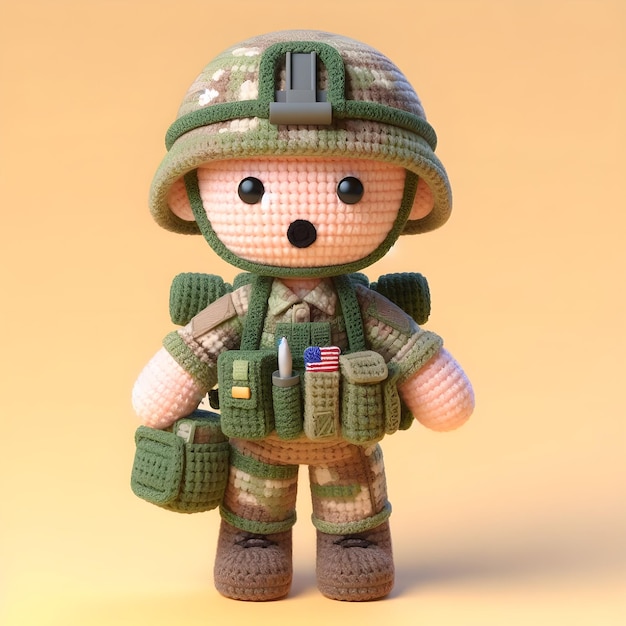 Foto una muñeca de crochet ejército lindo emocionado gracioso sonriente con uniforme y equipo está de pie render 3d