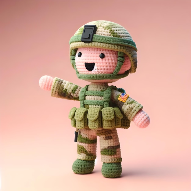 Foto una muñeca de crochet ejército lindo emocionado gracioso sonriente con uniforme y equipo está de pie render 3d