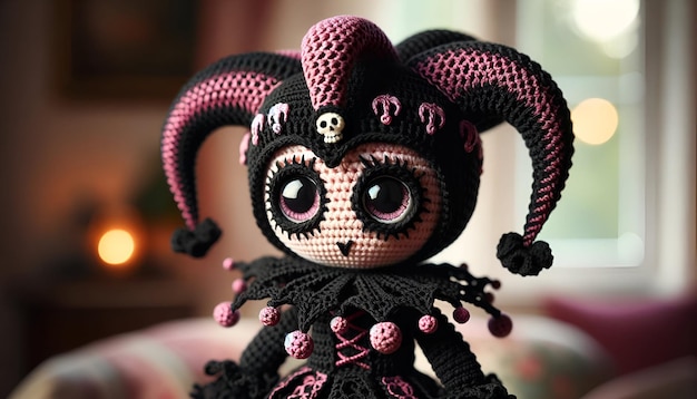 Muñeca de crochet gótica hecha a mano con sombrero de bufón y calavera con acentos negros y rosados