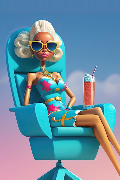 Muñeca estilo barbie con cóctel sentada en una silla Concepto de vacaciones y relax AI generativo