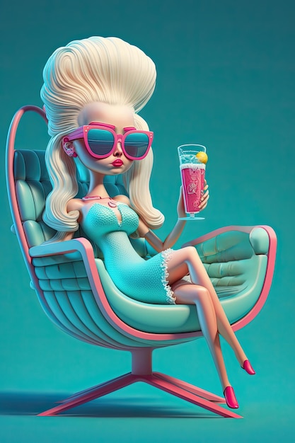 Muñeca estilo barbie con cóctel sentada en una silla Concepto de vacaciones y relax AI generativo