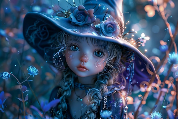 Muñeca de fantasía encantadora en un bosque mágico con sombrero de bruja con decoración floral