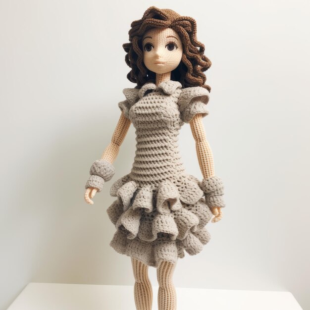 Foto muñeca ganchada en 3d en un vestido gris inspirado en el manga