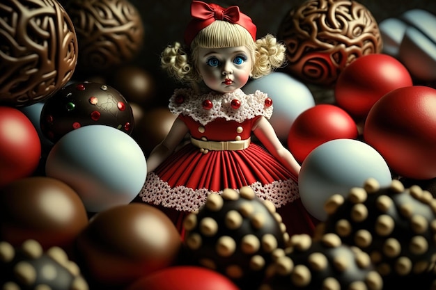 Una muñeca golosinas y bolas navideñas