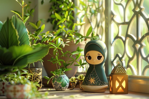 Muñeca hijab con linternas en el alféizar de la ventana celebración del Ramadán Kareem