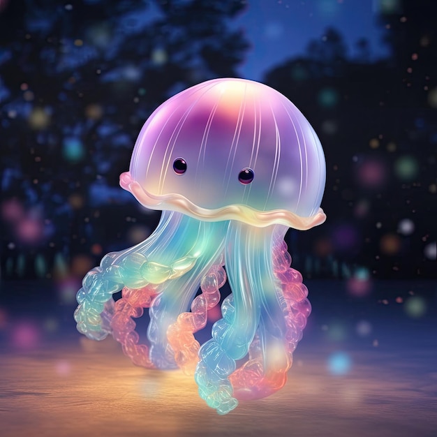 Muñeca mágica de medusa transparente de arco iris con iluminación colorida y atmósfera de ensueño