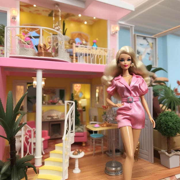 una muñeca de la marca barbie que está dentro de una casa de ensueño de juguete