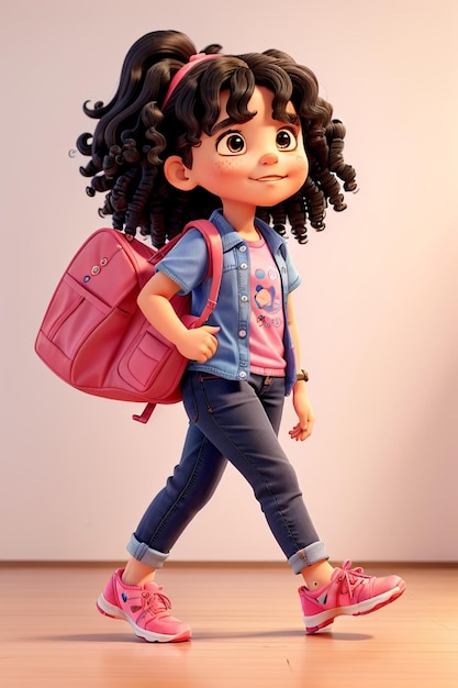 Una muñeca con una mochila rosa y una mochila rosada.