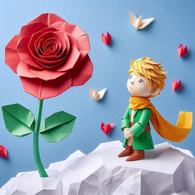 una muñeca de papel con una flor roja y una rosa roja