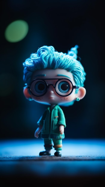 Una muñeca de pelo azul y gafas verdes se alza sobre un fondo oscuro.