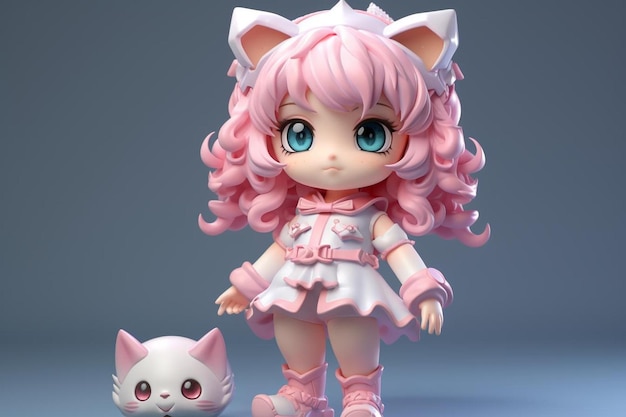 una muñeca con pelo rosa y un gato con un vestido blanco