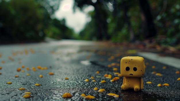Una muñeca de plástico amarilla triste en un camino de asfalto mojado.