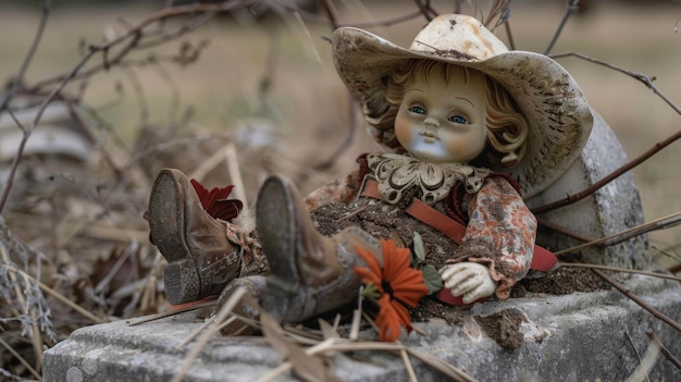 Una muñeca de porcelana agrietada dejada en una lápida adornada con botas de vaquero y un sombrero de cowboy como tributo