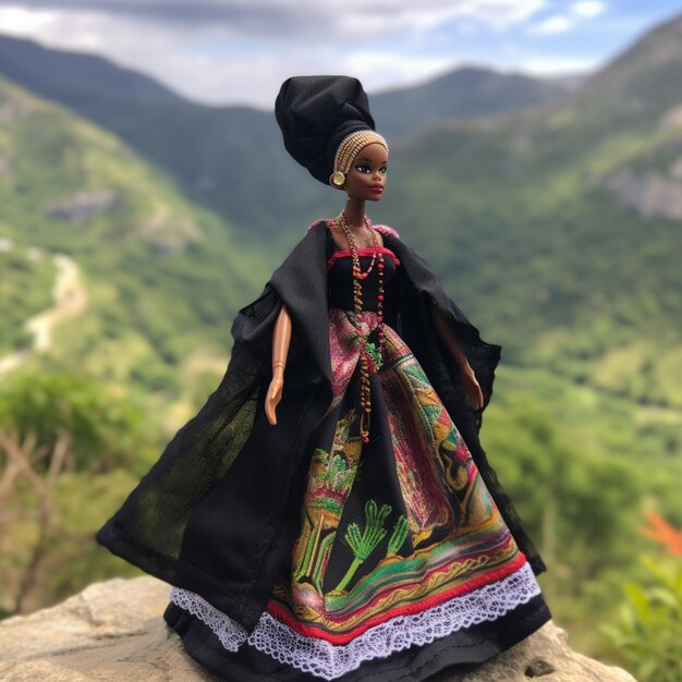 Foto una muñeca está sentada en una roca con montañas en el fondo.