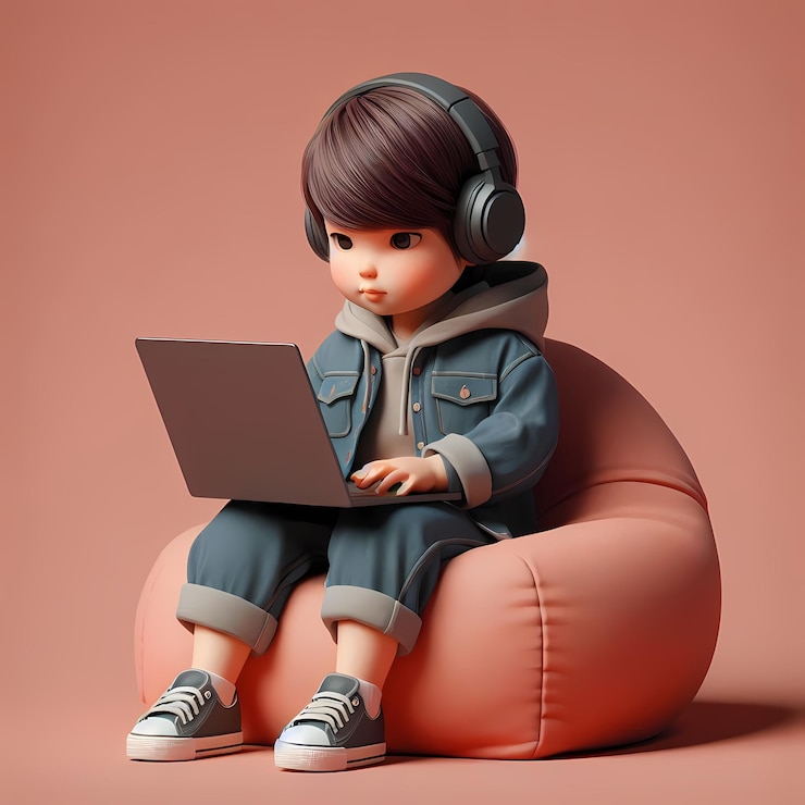 Foto una muñeca se sienta en una silla naranja con una computadora portátil y auriculares