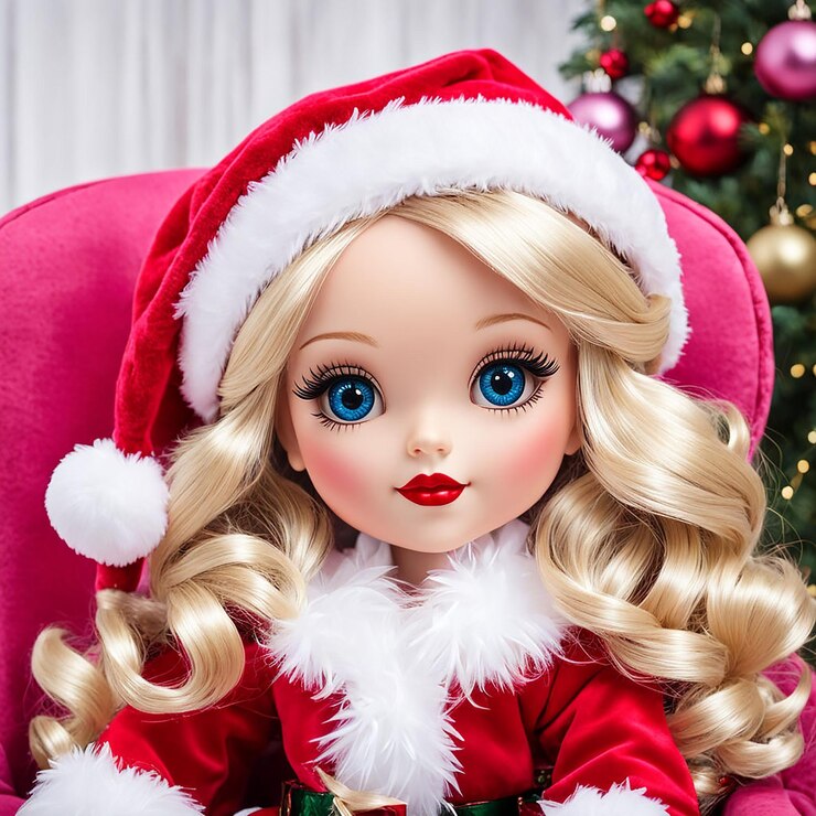 una muñeca con un sombrero de Santa se sienta frente a un árbol de Navidad