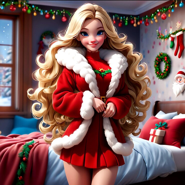 una muñeca con un traje de Navidad está en una cama